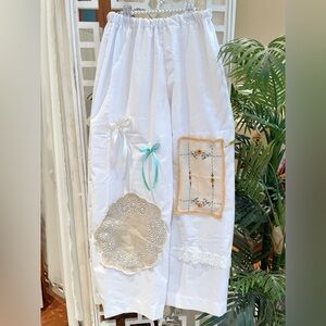 Cottagecore Embroidered patchwork Wide Leg pants with bows